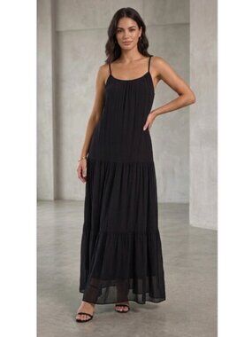 Bellambra Made in Italy Silk Blend Black Tiered Maxi Slip Dress Minimalist Money